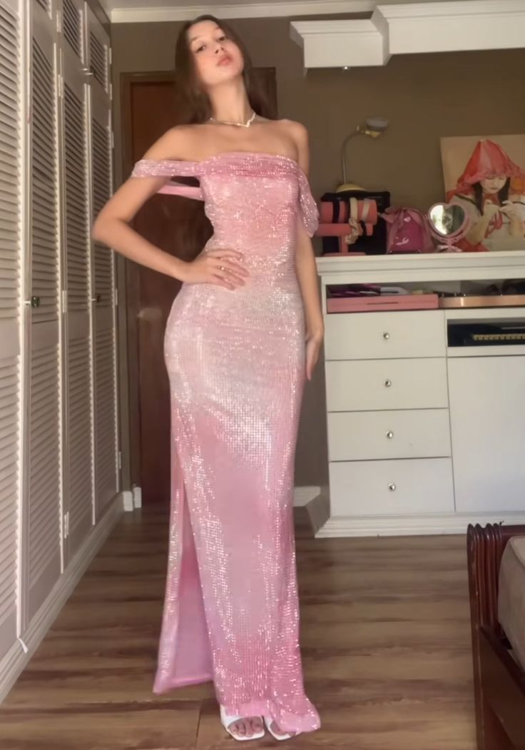 Glitter Pink Sequins Off The Shoulder Long Prom Dress Slit Party Evening Gown