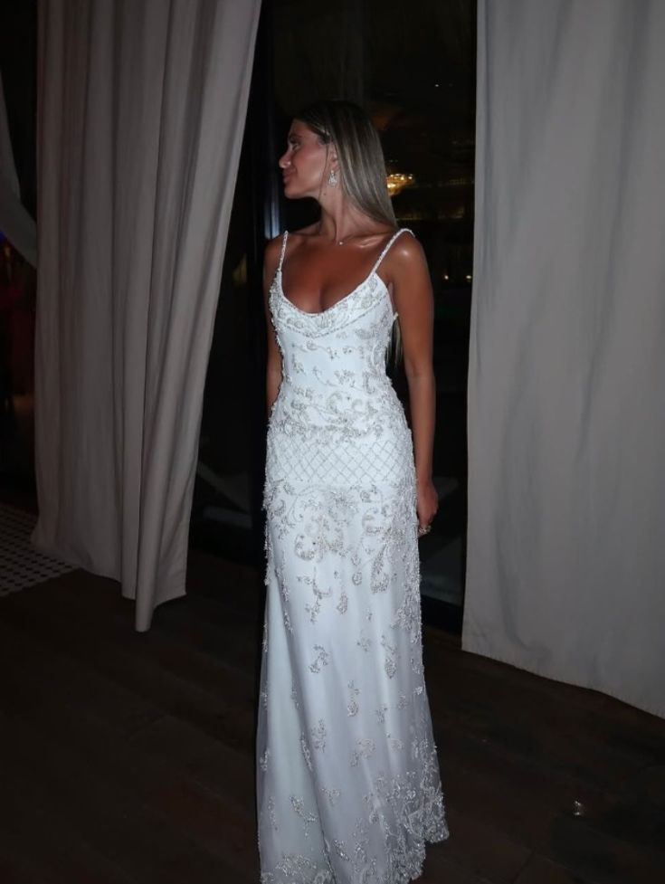Elegant Spaghetti Straps Satin Tulle Beaded Long Party Dress Evening Dress - FashionDia