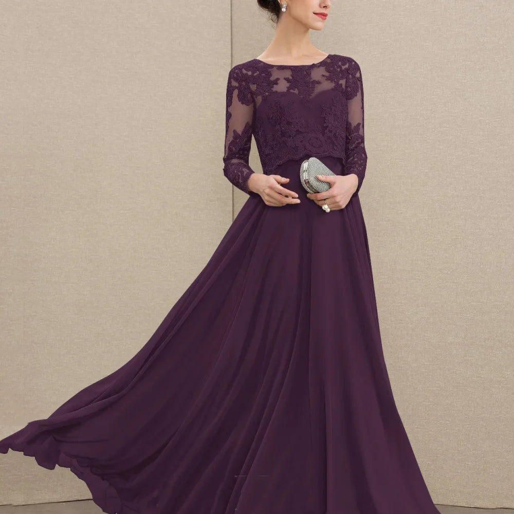 Customized Chiffon O Neck Bridal Dress Elegant Lace A Line Wedding Party Gowns For Bride Long Sleeves Formal Mother Dresses as picture