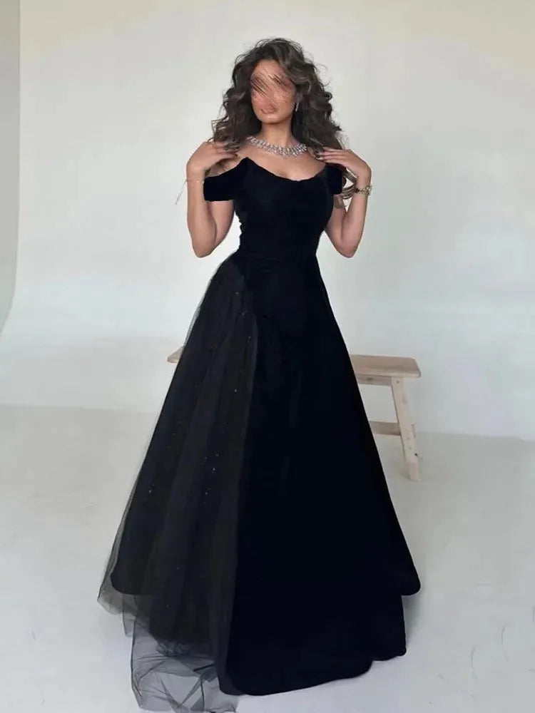 Black Elastic Satin Evening Dress With Glitter Tulle Draped Prom Gowns Prom Dress Saudi Arabic A Line Party Dress Black