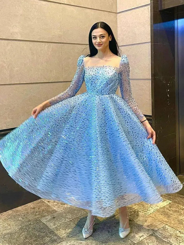 Ocean Blue Evening Dress Glitter Shiny Sequined Prom Gown 3/4 Long Sleeves Party Dress Lace Up Club Banquet Dress As Picture