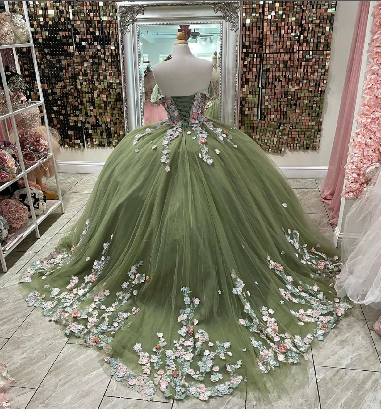 Off-the-Shoulder Tulle Ball Gown Sweet 16 Dress With Flowers - View 2 | FashionDia