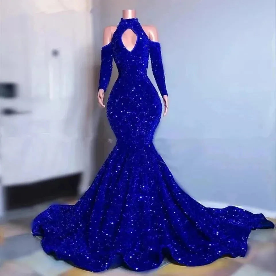 Shiny Sequins Mermaid Prom Dresses Long Sleeves Formal Evening Gown Off the Shoulder Women Special Occasion Dress Blue