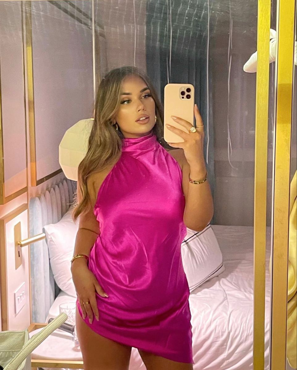 Sexy Halter Hot Pink Satin Sheath Birthday Dress Formal Short Homecoming Dress - View 3 | FashionDia