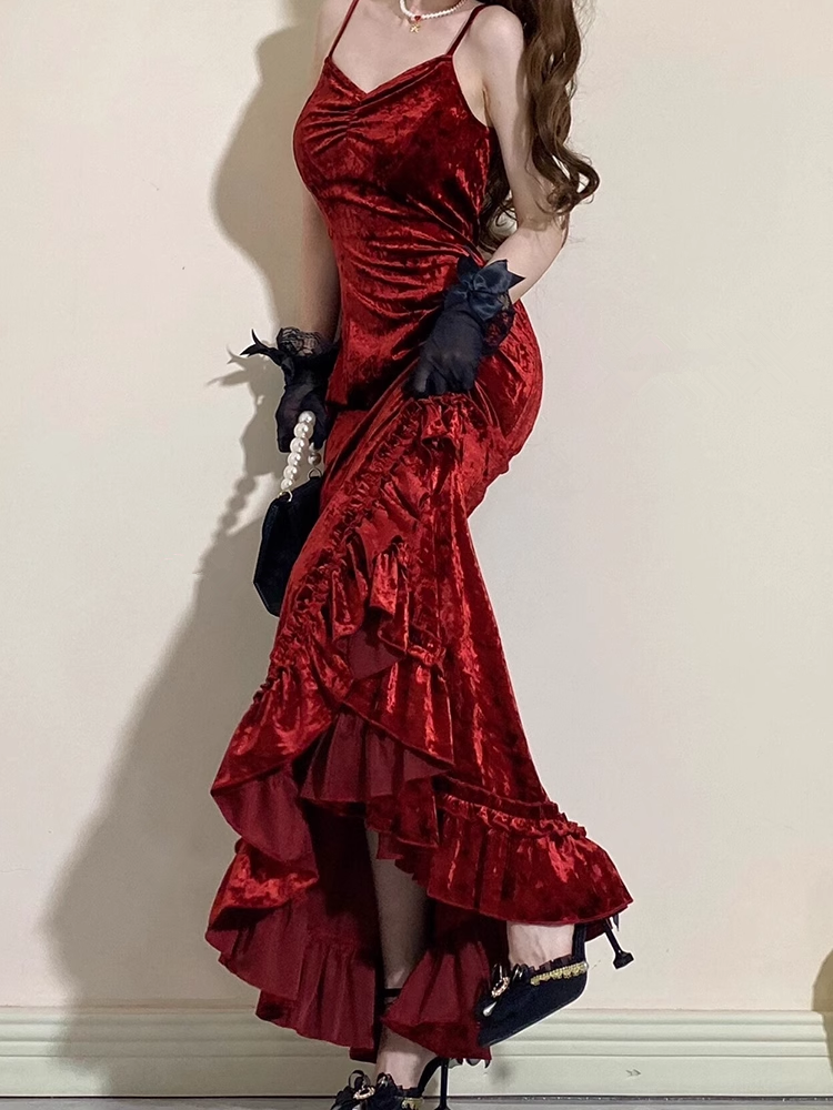 Vintage Mermaid Irregular Ruffled Spaghetti Straps Women's Burgundy Birthday Outfits Party Dresses - View 4 | FashionDia