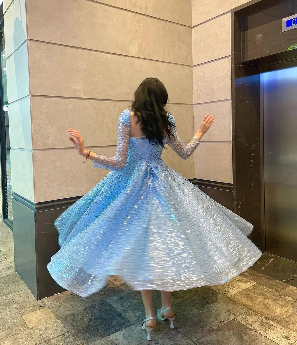Ocean Blue Evening Dress Glitter Shiny Sequined Prom Gown 3/4 Long Sleeves Party Dress Lace Up Club Banquet Dress