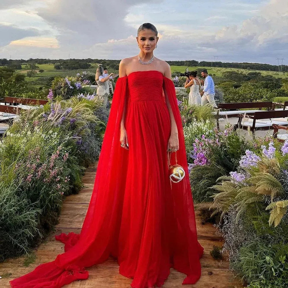 Red Evening Dresses With Draped Sleeves Wedding Guest Dress Pleats Backless Chiffon Party Formal Gown Special Occasion