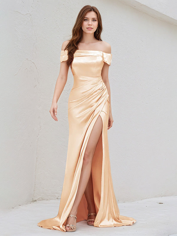 Champagne Satin Off The Shoulder Sleeveless Dress With High Slit - VelvetHem