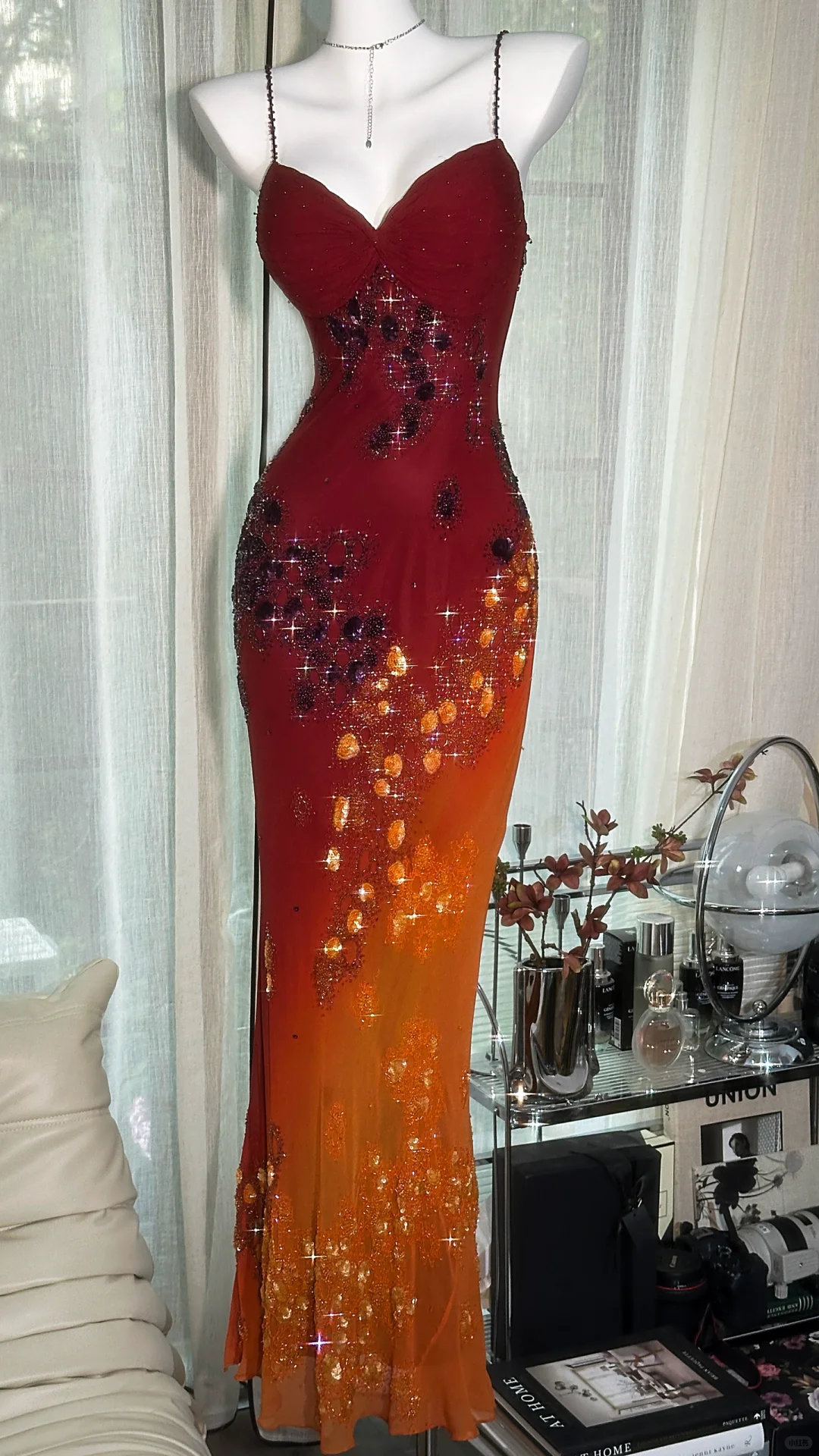 Vintage Spaghetti Straps Ombre Orange Chiffon Sequin Beaded Mermaid Long Party Dress Evening Gown
