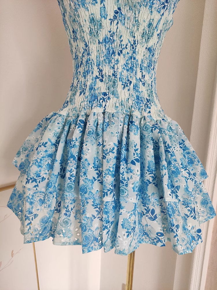Cute A-Line Strapless Sleeveless Blue Floral Party Dress Short Birthday Outfits - View 6 | FashionDia
