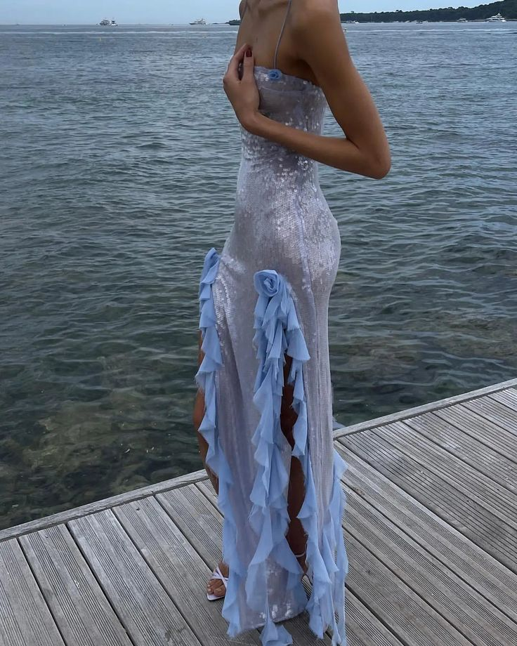 Sexy Slit Ruffles Sequin Party Dress Long Prom Evening Dress
