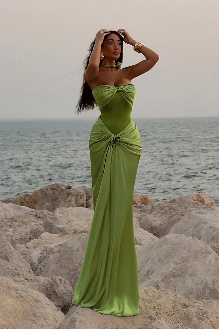 Modest Mermaid Sweetheart Sage Green Long Satin Prom & Evening Dress - View 6 | FashionDia