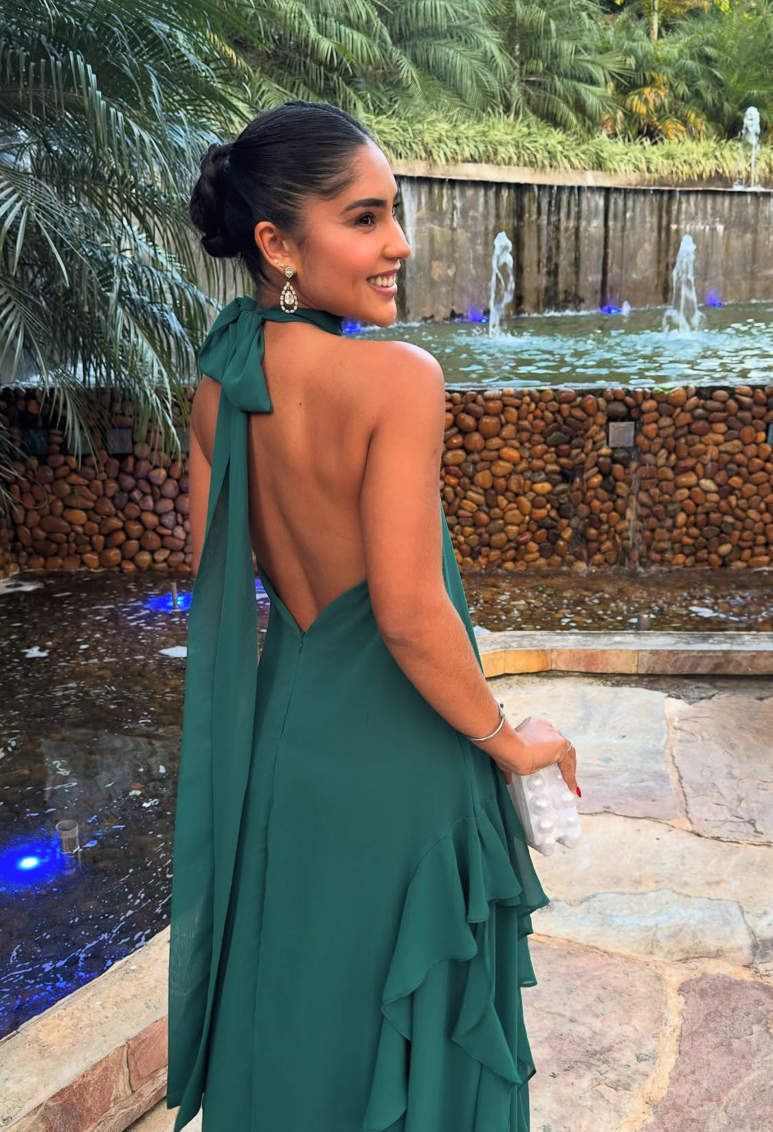 Halter A Line Green Long Evening Dress Ruffle Chiffon Prom Dress J8031
