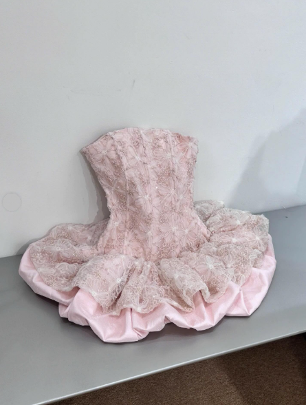 Cute Pink Strapless Lace Satin A-Line Short Homecoming Dress 21st Birthday Party Dress - View 2 | FashionDia