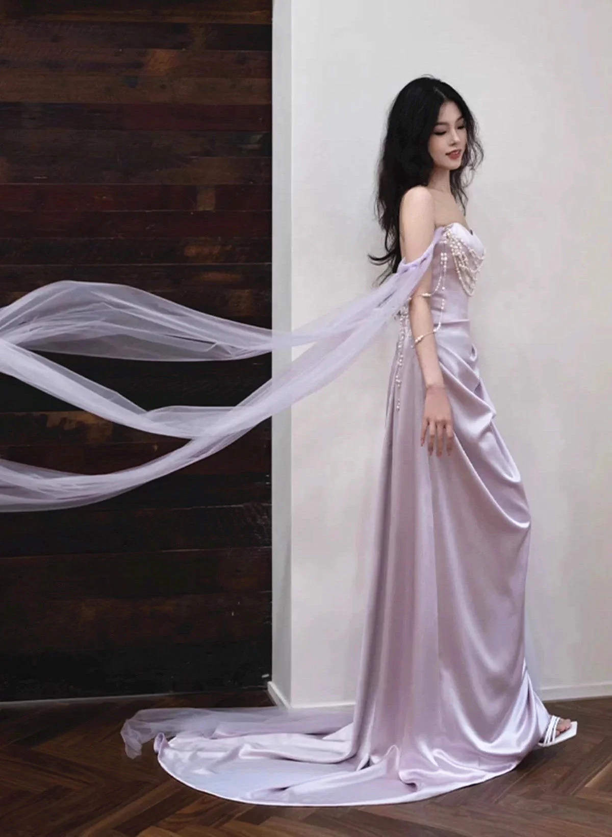 Elegant Lilac Satin Mermaid Pearls Evening Dress Long Prom Dress Wedding Dress