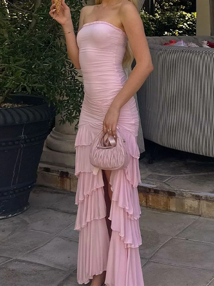 Sweet Pink Chiffon Strapless Evening Dress Multi-Layered Slit Prom Party Dress - FashionDia