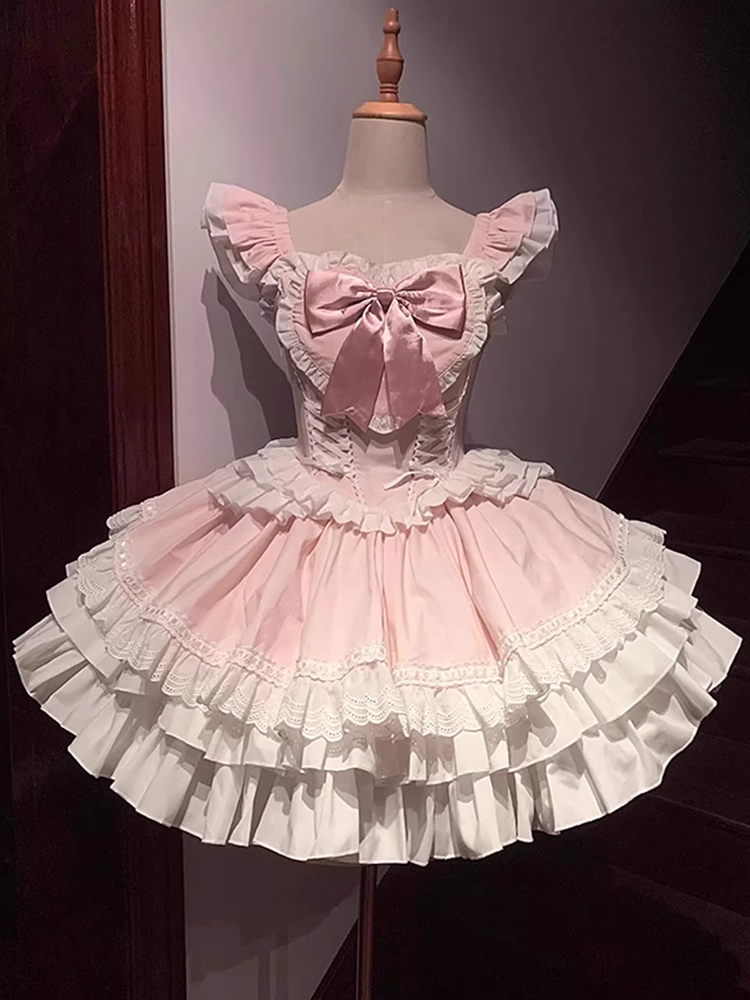 Cute Ball Gown Square Neckline Floral Lace Party Dresses Pink Birthday Outfits With Bowknots