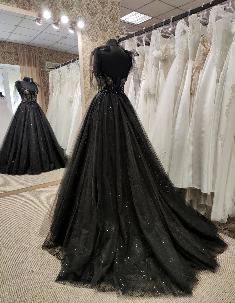 Sparkly black prom dress night corset neckline fairy tale tulle princess bride bridal gothic dark queen night alternative bride - View 5 | FashionDia