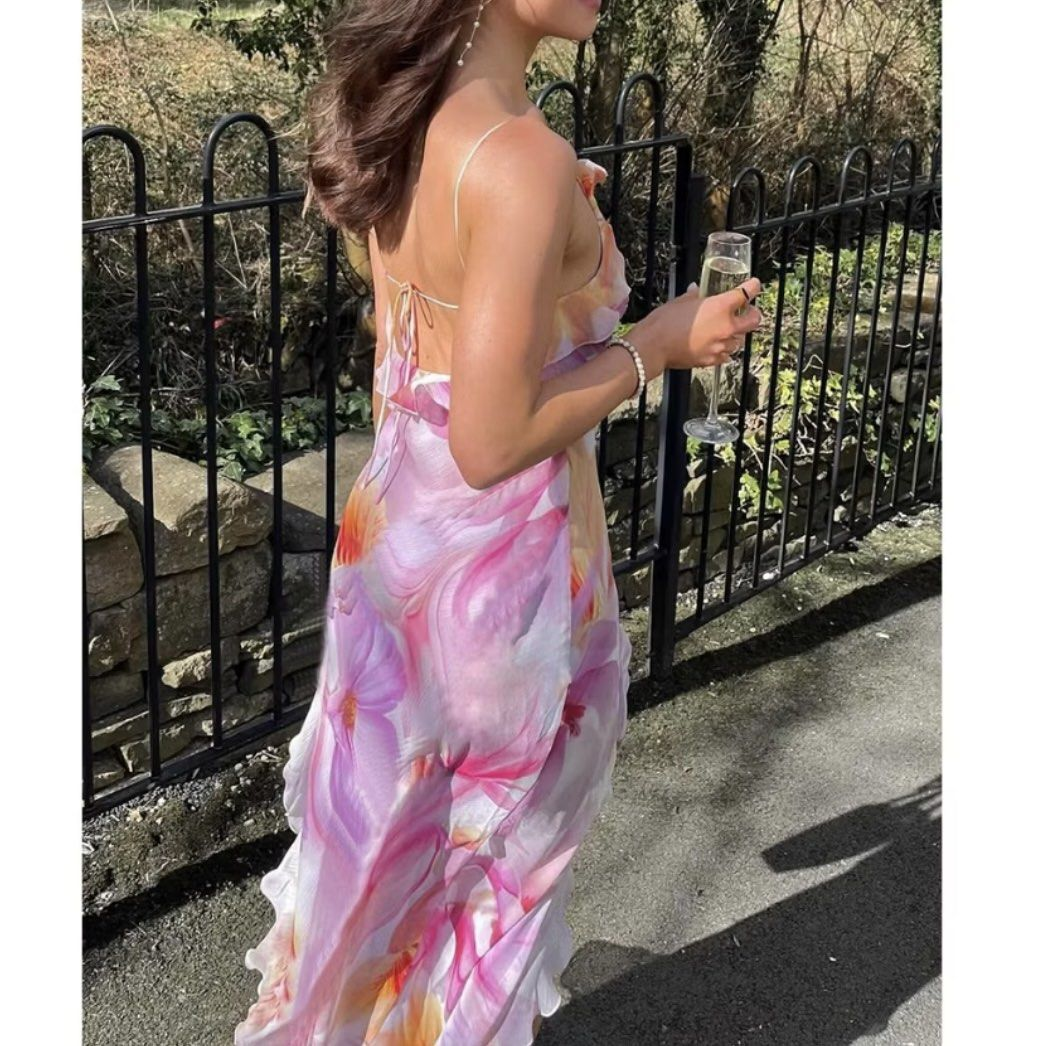 Beautiful Ruffle Graphic Floral Print Low Backless Long Prom Dress Slit Party Evening Dress Y8099 - View 6 | VelvetHem