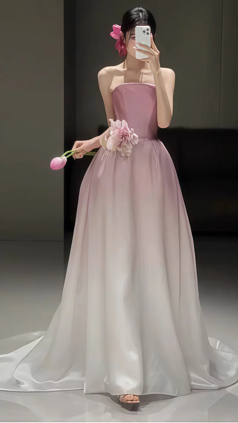 Fairy Ombre Pink Strapless Party Evening Dress,Formal Prom Dress With Flowers