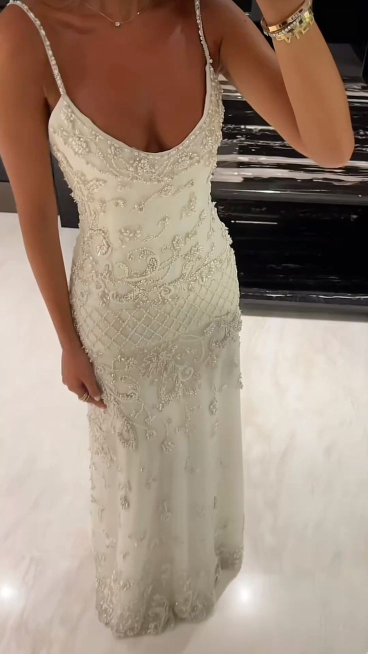 Elegant Spaghetti Straps Satin Tulle Beaded Long Party Dress Evening Dress - View 7 | FashionDia