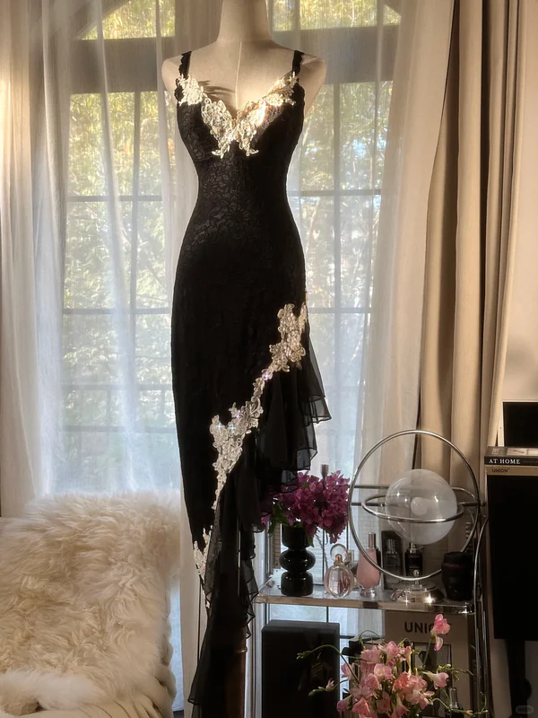 Classy Spaghetti Strap Black Lace Appliques Party Dress Prom Dress