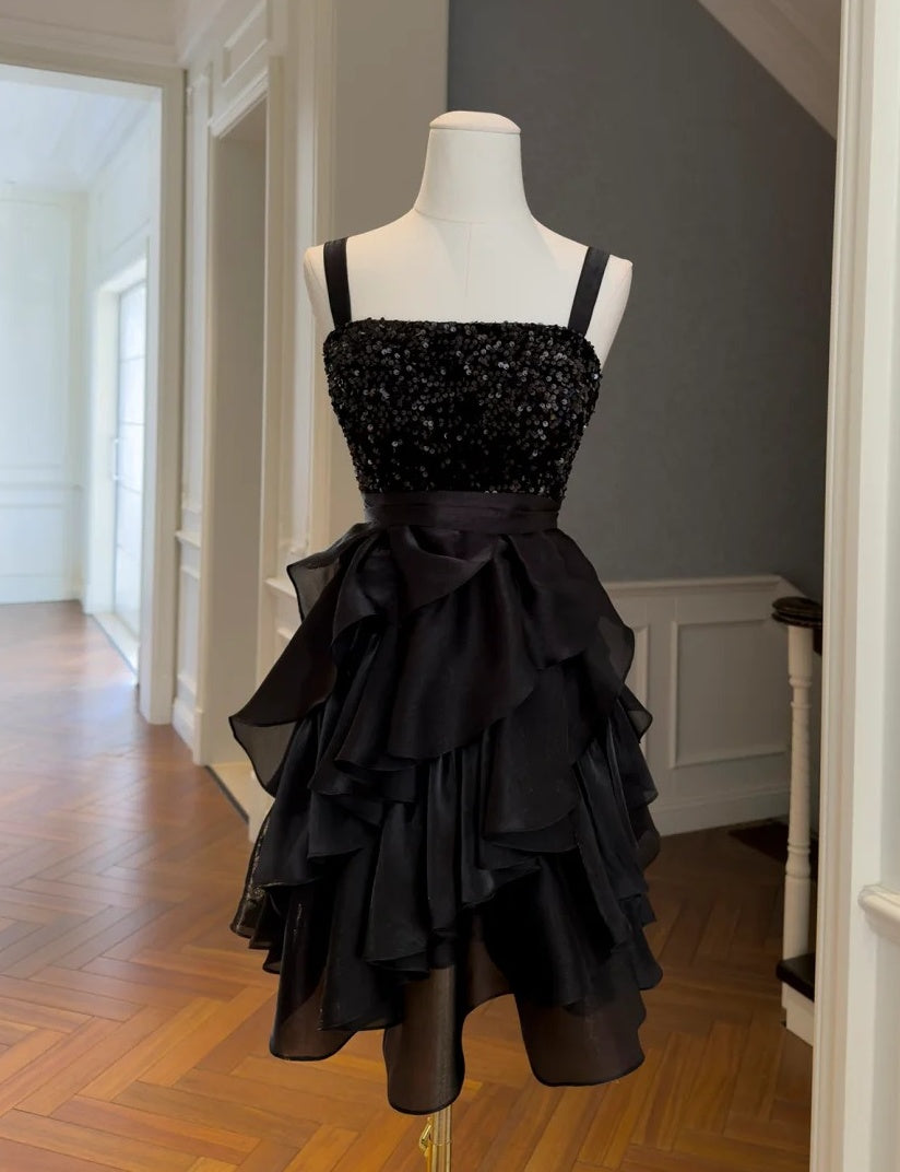 A-Line Black Layered Homecoming Dress Ruffled Birthday Dress