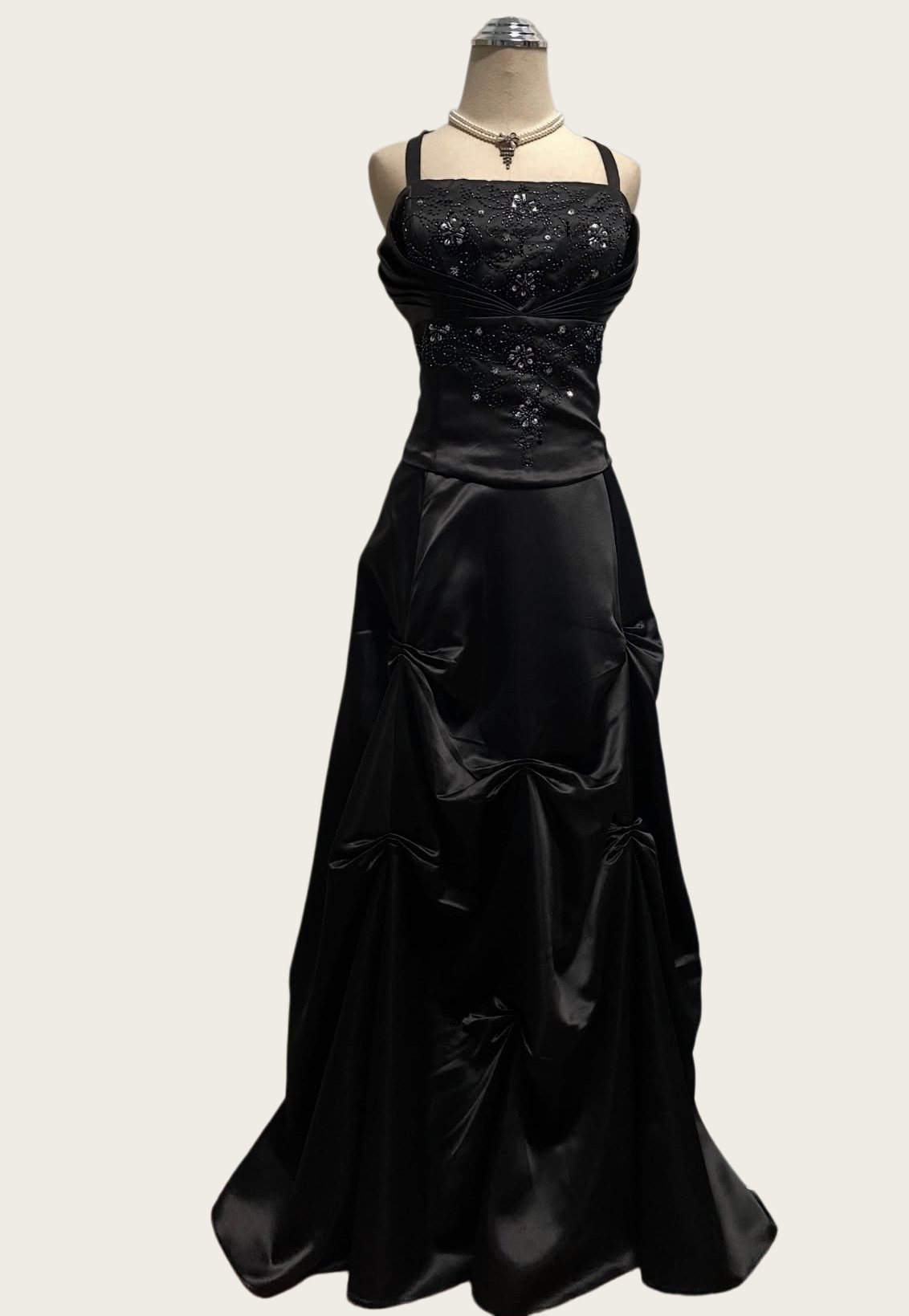 A Line Black Satin Prom Dress Beaded Retro Evening Dress J10421