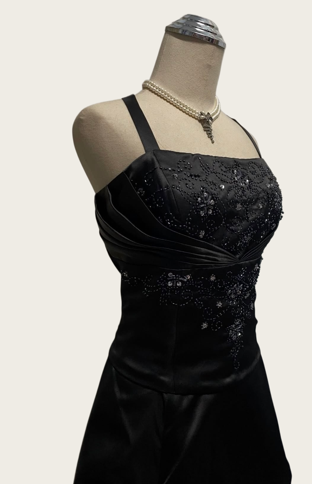 A Line Black Satin Prom Dress Beaded Retro Evening Dress J10421