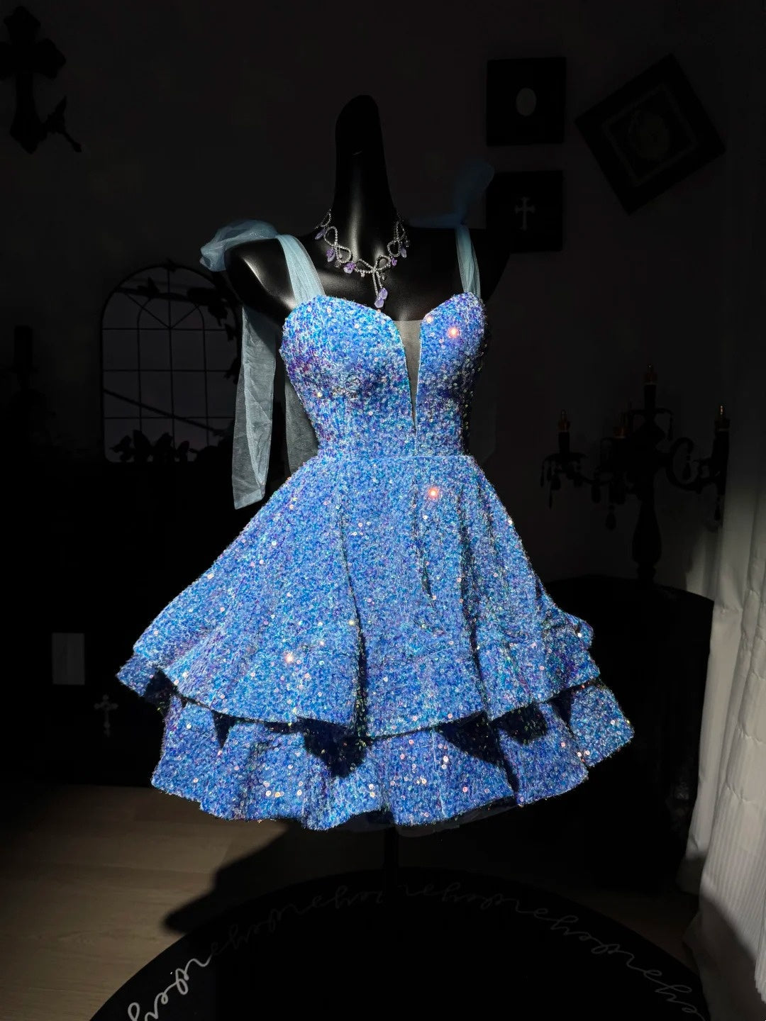 A Line Blue Sequin Homecoming Dress Sparkle Birthday Dress J10815