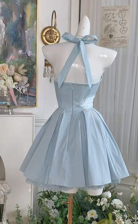 A Line Blue Short Homecoming Dress Satin Birthday Dress J10971