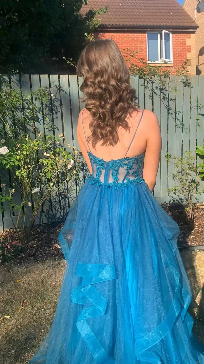 A-Line Blue Tulle Formal Prom Dress Appliques Wedding Guest Dress
