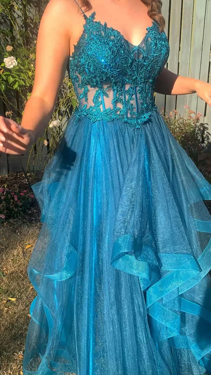A-Line Blue Tulle Formal Prom Dress Appliques Wedding Guest Dress
