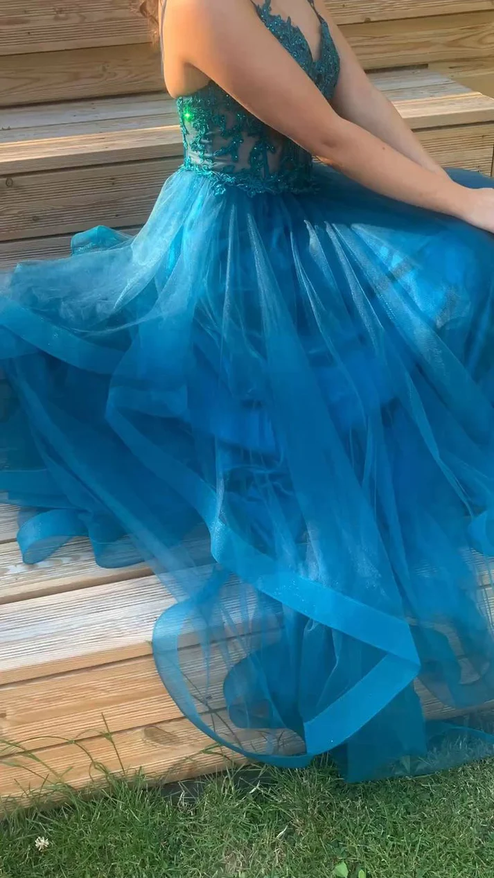 A-Line Blue Tulle Formal Prom Dress Appliques Wedding Guest Dress