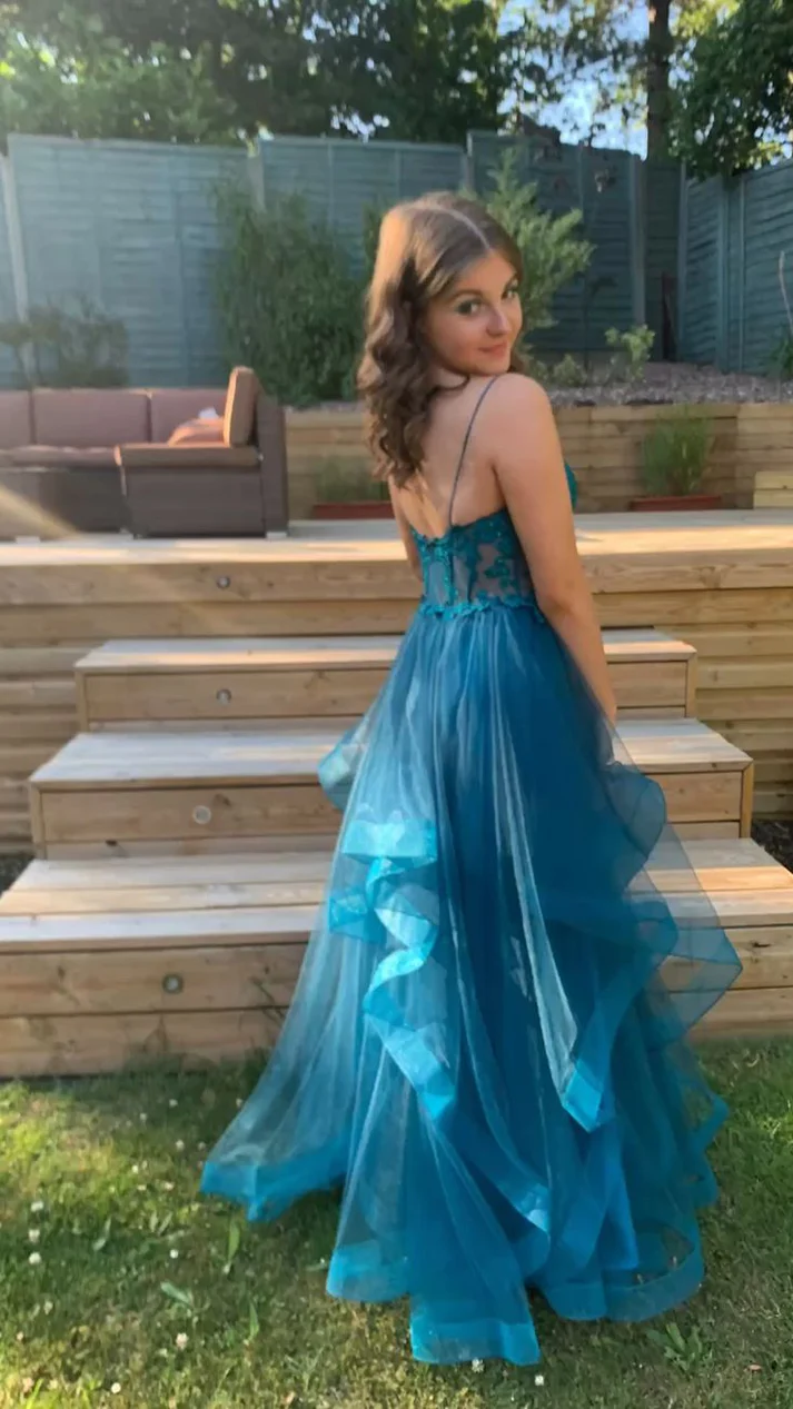 A-Line Blue Tulle Formal Prom Dress Appliques Wedding Guest Dress