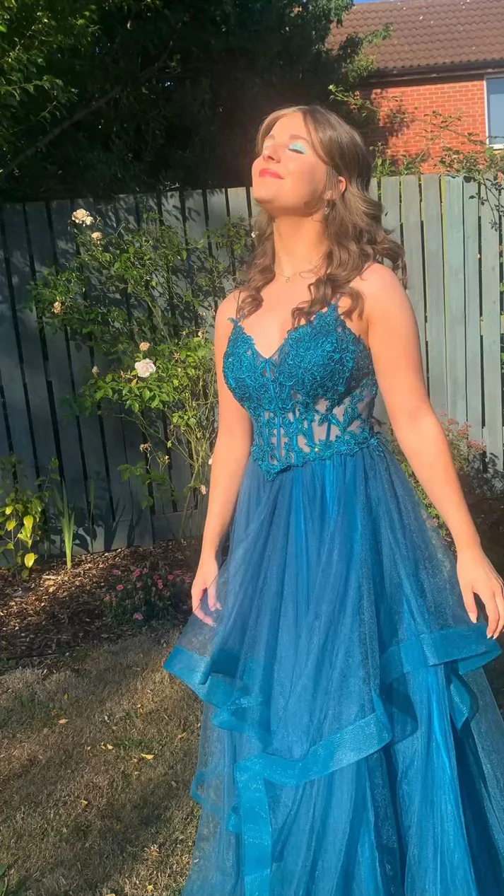 A-Line Blue Tulle Formal Prom Dress Appliques Wedding Guest Dress