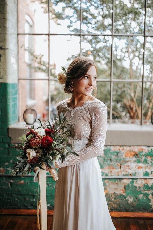 A Line Boho Lace Long Sleeves Open Back Rustic Wedding Dresses (ZD16224)