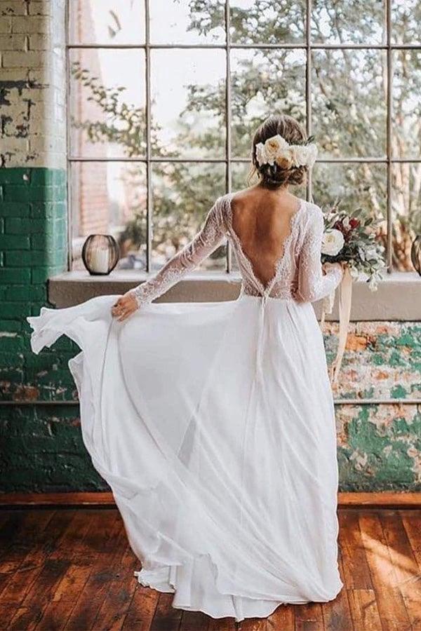 A Line Boho Lace Long Sleeves Open Back Rustic Wedding Dresses (ZD16224)