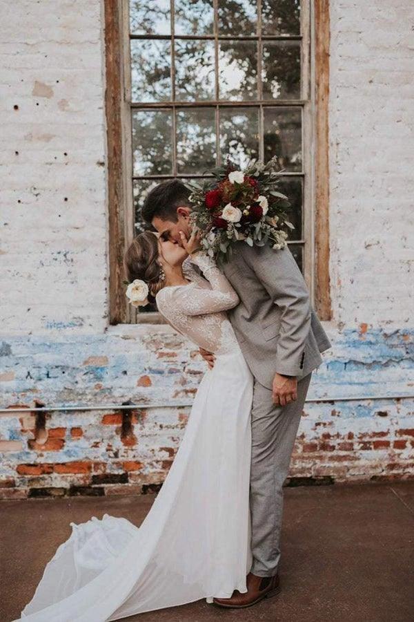 A Line Boho Lace Long Sleeves Open Back Rustic Wedding Dresses (ZD16224) - View 3 | VelvetHem