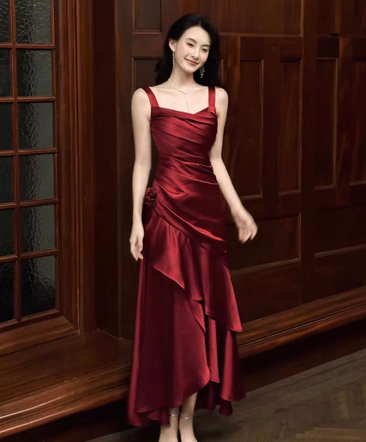 A Line Burgundy Long Prom Dress Ruffle Elegant Evening Dress J8617
