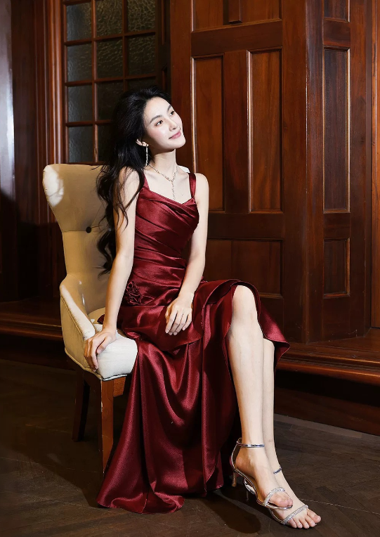 A Line Burgundy Long Prom Dress Ruffle Elegant Evening Dress J8617