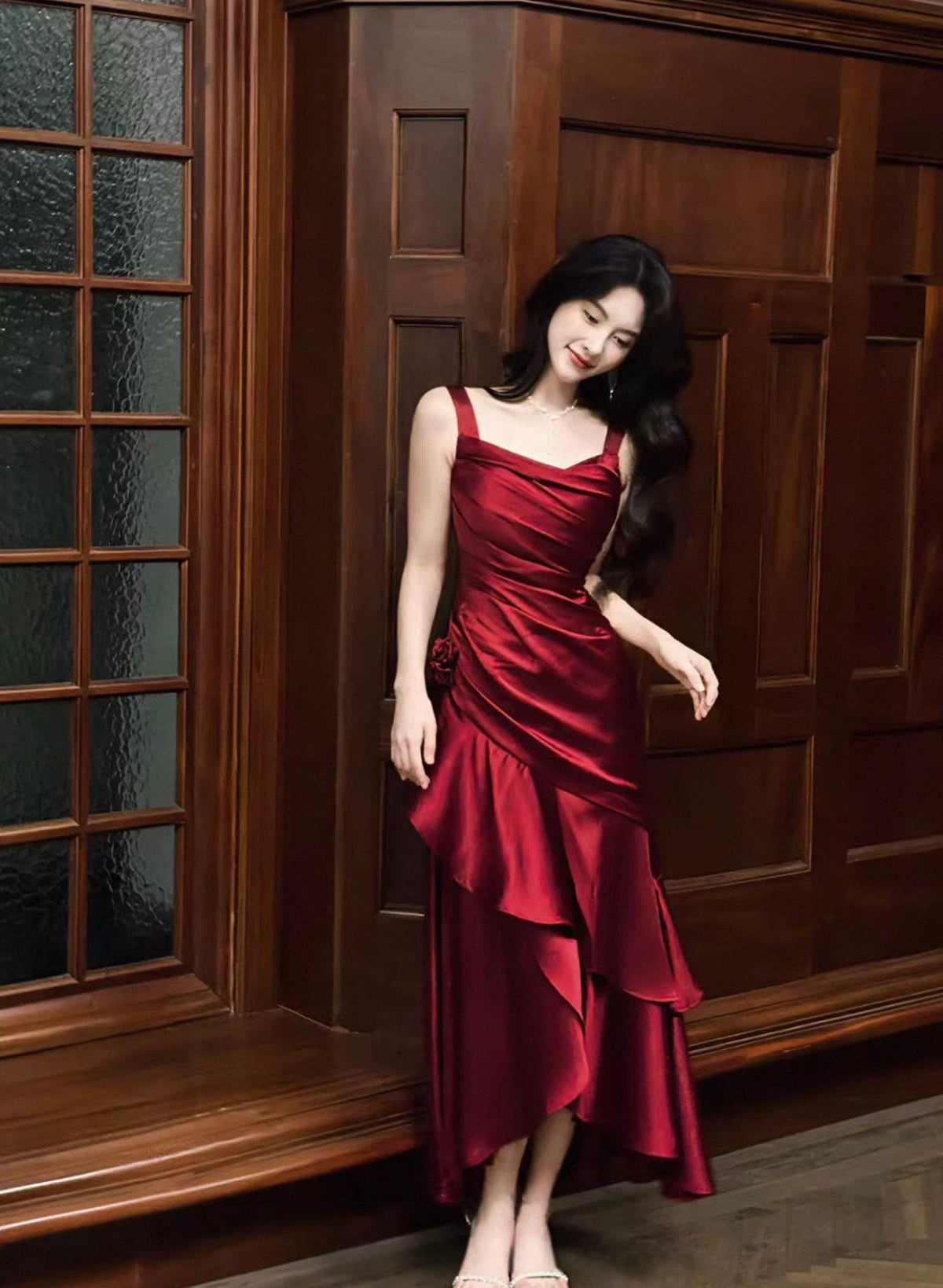 A Line Burgundy Long Prom Dress Ruffle Elegant Evening Dress J8617