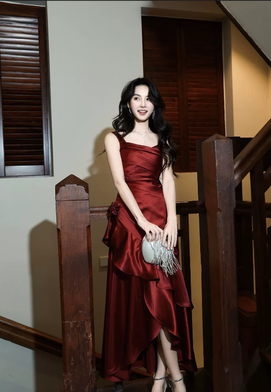 A Line Burgundy Long Prom Dress Ruffle Elegant Evening Dress J8617