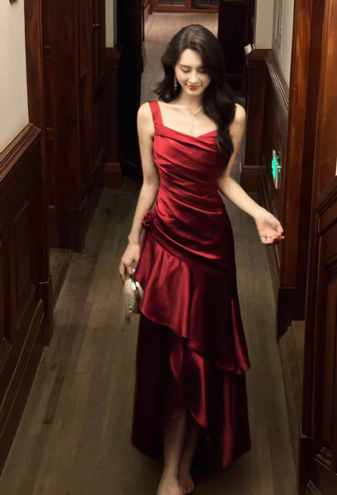 A Line Burgundy Long Prom Dress Ruffle Elegant Evening Dress J8617