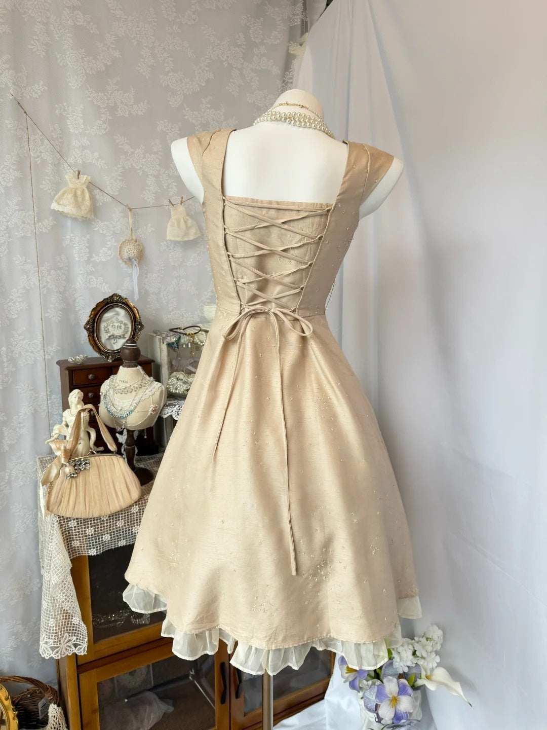 A-Line Champagne Satin Short Retro Homecoming Dress