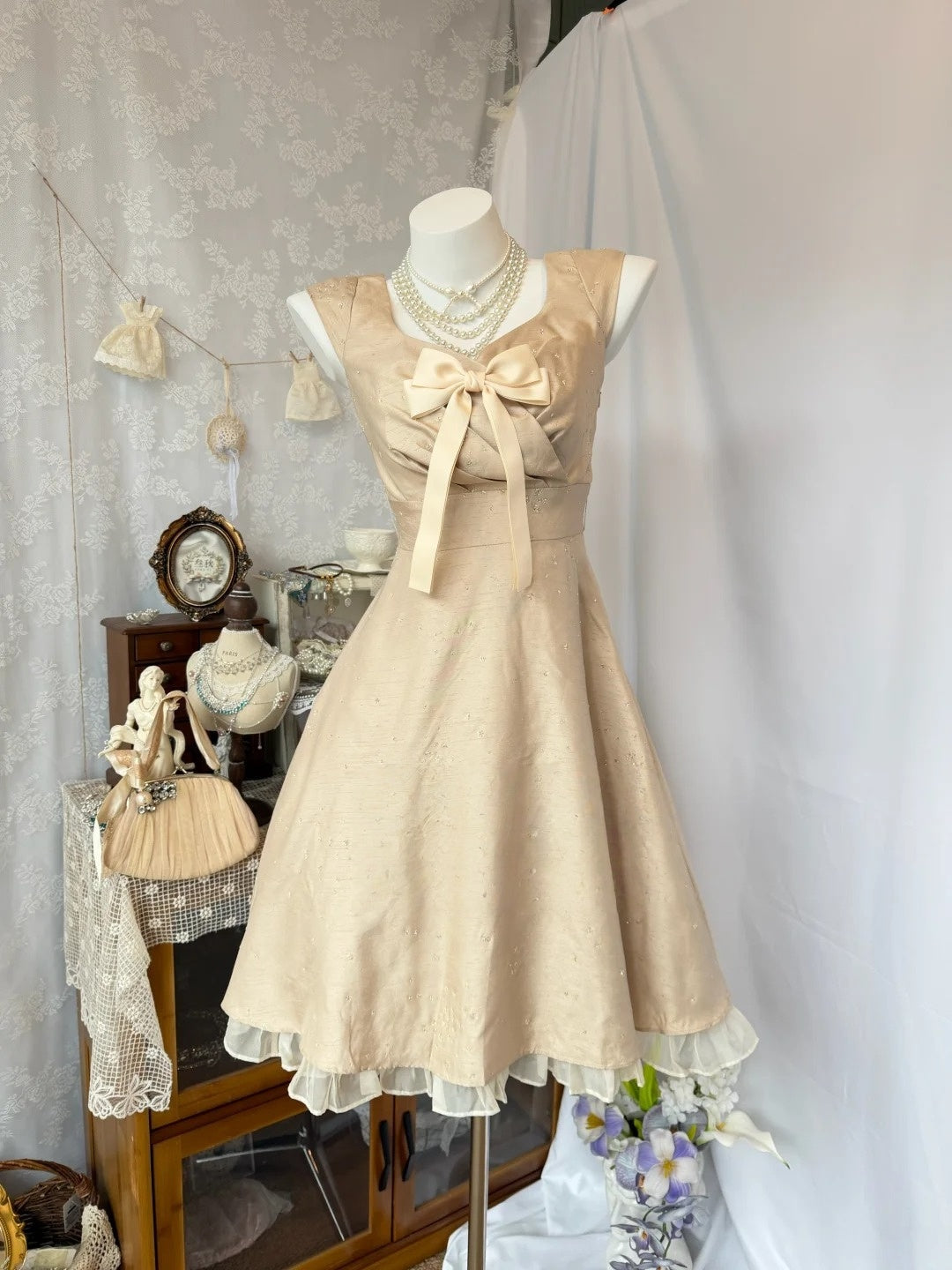 A-Line Champagne Satin Short Retro Homecoming Dress