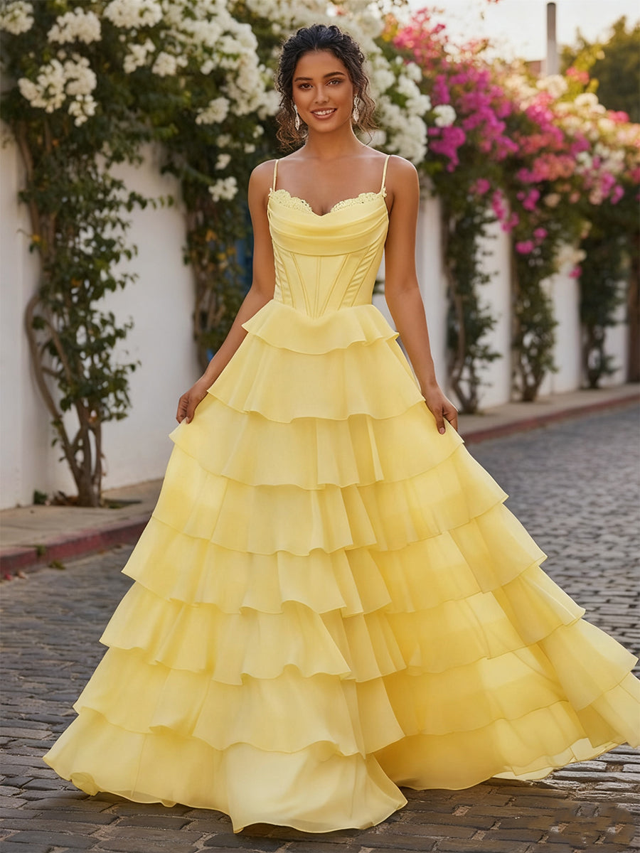 A-Line Cowl Neck Chiffon Satin Tiered Ruffle Prom Dress - FashionDia