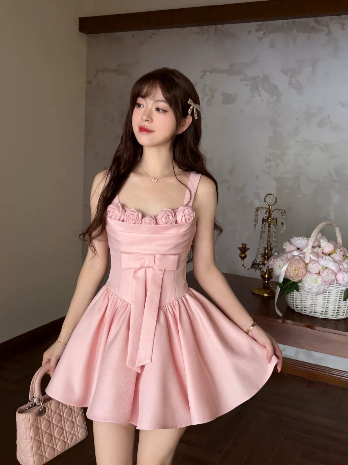A Line Cute Pink A Line Birthday Dress with Floral J11745