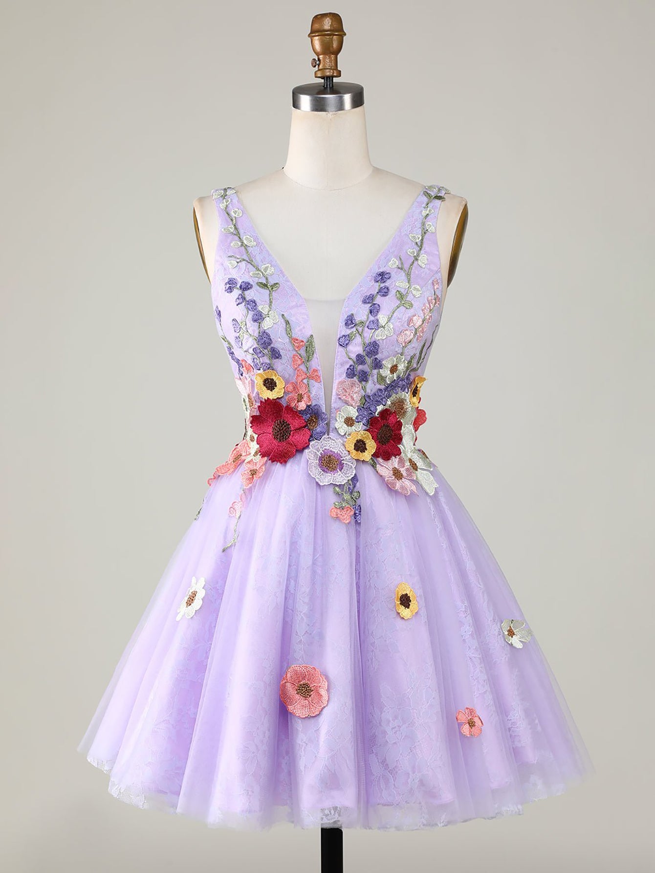 A-Line Lilac V Neck Backless Short Homecoming Dress with 3D Flowers - Fashionpara