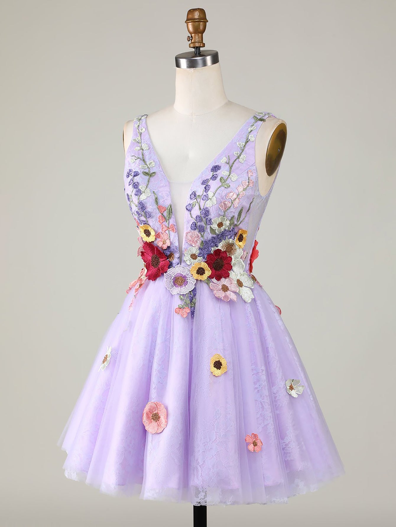 A-Line Lilac V Neck Backless Short Homecoming Dress with 3D Flowers - Fashionpara